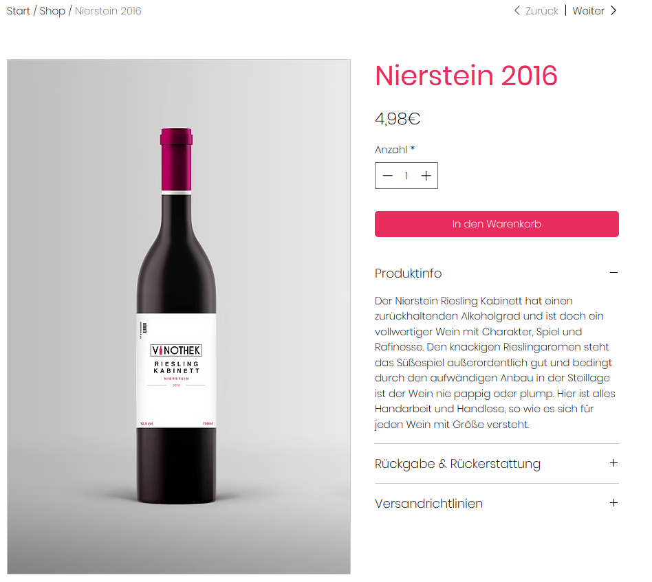 Bordeaux-Weinflasche mit weißem Etikett und pinkem Korken, Produktseite für Nierstein 2016 Wein, Preis 4,98 €, mit Bestelloptionen und Produktbeschreibung.