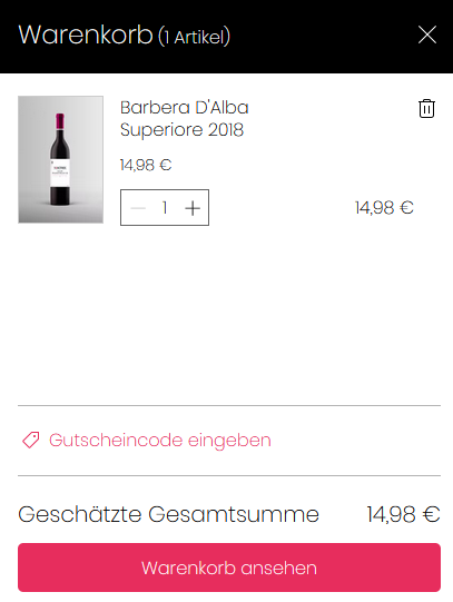 Online-Warenkorb mit einer Flasche Rotwein, Beschreibung: Barbera D'Alba Superiore 2018, Preis 14,98 €.