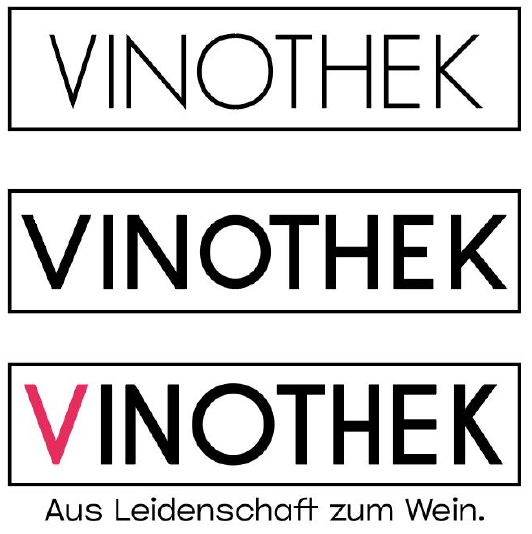 Drei verschiedene Versionen des Logos der Vinothek, eine mit dünner Schrift, eine fettgedruckte und eine mit einem rot gefärbten 'V', darunter der Slogan 'Aus Leidenschaft zum Wein'.