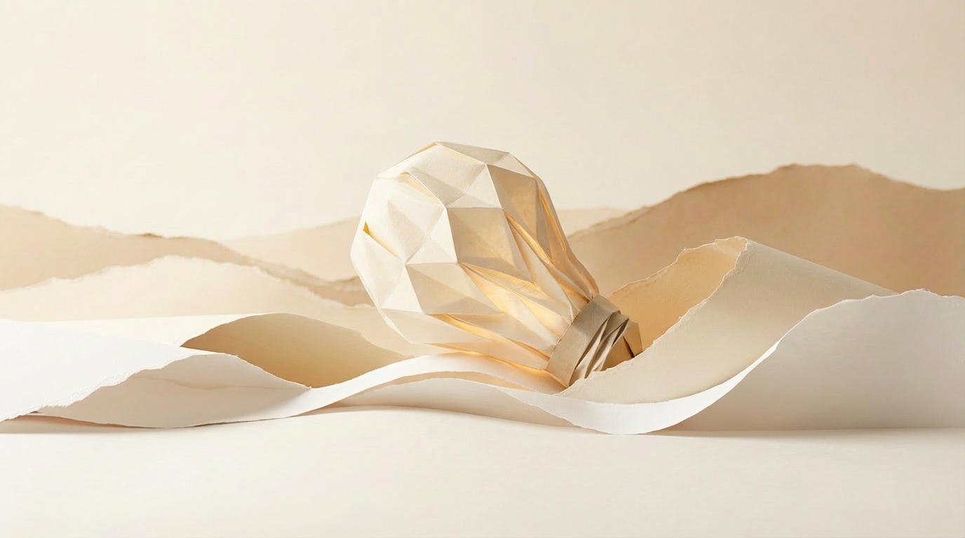 Une ampoule en papier plié, posée sur un fond de papier et des montagnes en bandes de papier.