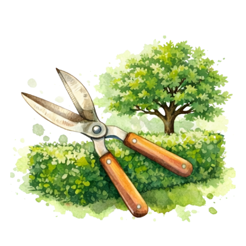 Gartenarbeit mit Baum, Büsche und Gartenschere