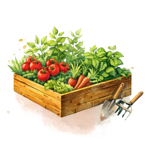 Holzkiste mit frischen Gemüse und Kräutern, darunter Tomaten, Karotten, Salat und Petersilie, mit Gartengerät.