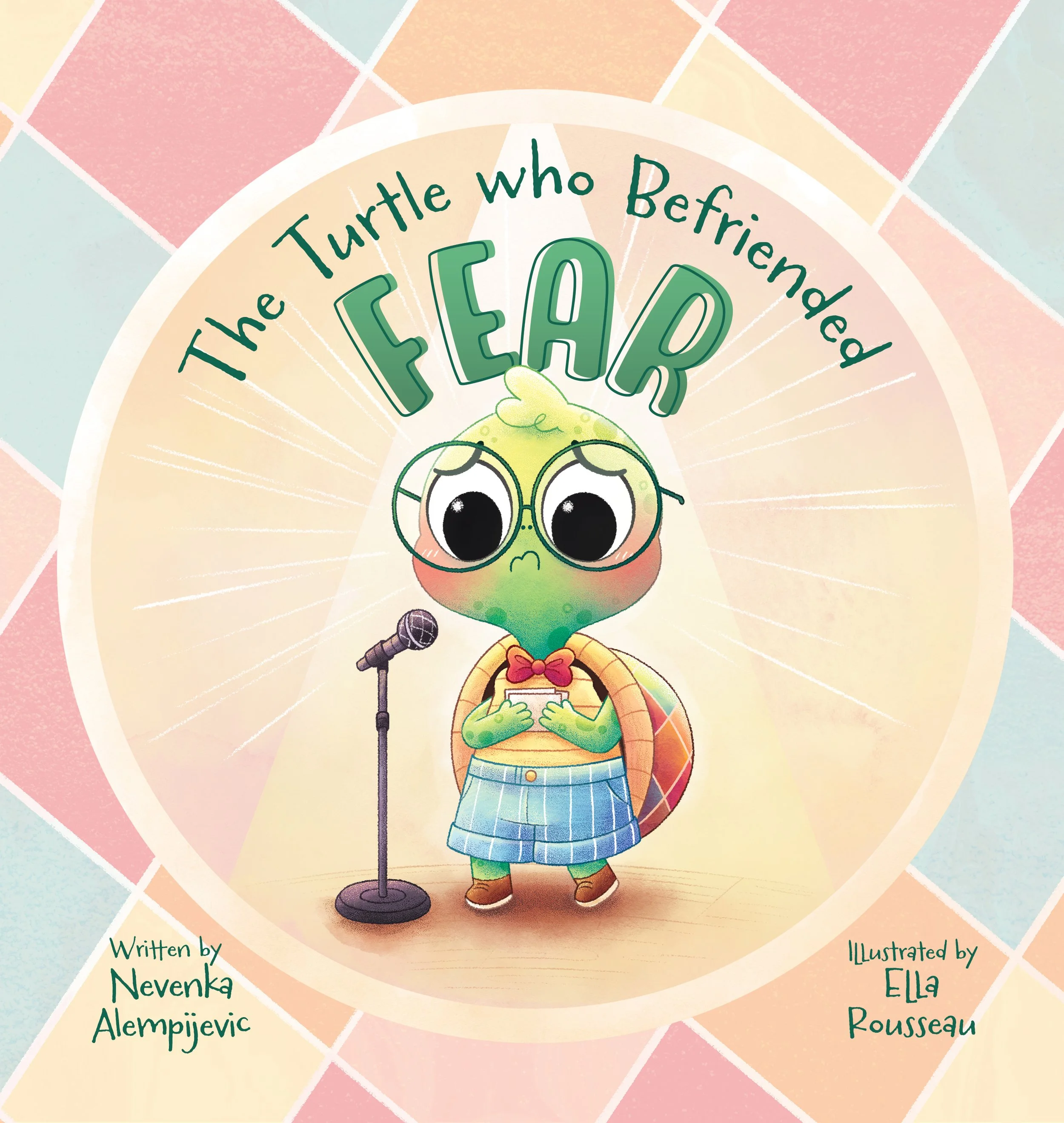 Cover of a children's book titled 'The Turtle Who Befriended Fear' featuring a cute turtle with glasses, holding a phone, standing in front of a microphone, dressed in a script and glasses, with a backpack. The background is a pastel-colored geometric pattern.