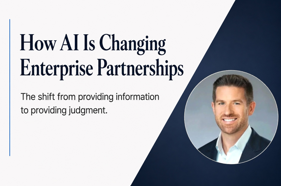 Article titled 'How AI Is Changing Enterprise Partnerships, Not Replacing Them' by Patrick Thornton, focused on AI + Enterprise Partnerships.