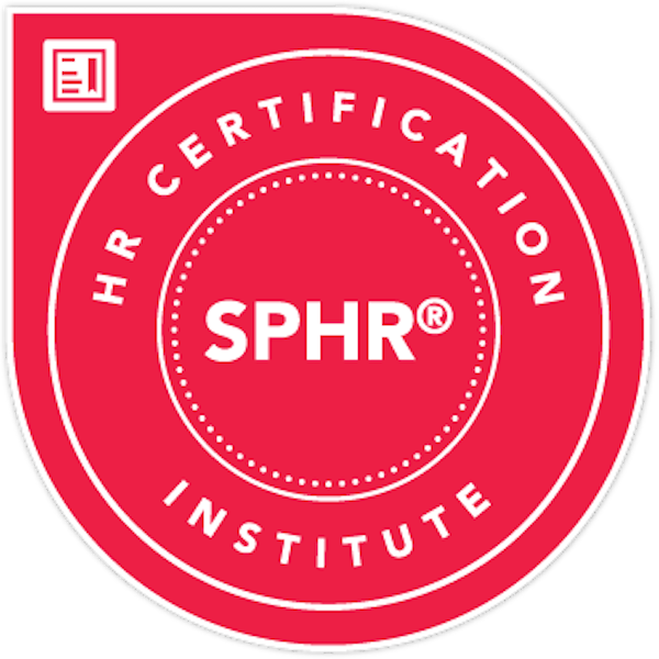 Red circular badge with white text reading 'SPR® HR Certification Institute' and a small logo at the top left corner.
