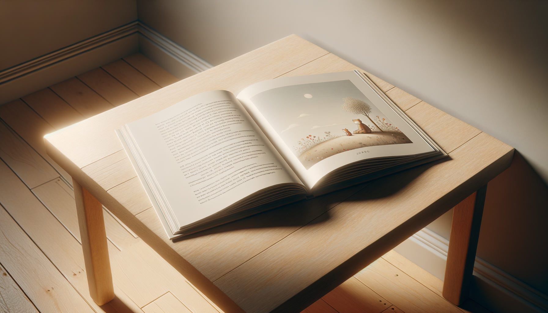 An open children's picture book on a small wooden table, with sunlight shining on it, showing a page with a drawing of a bear and a dog under a full moon.