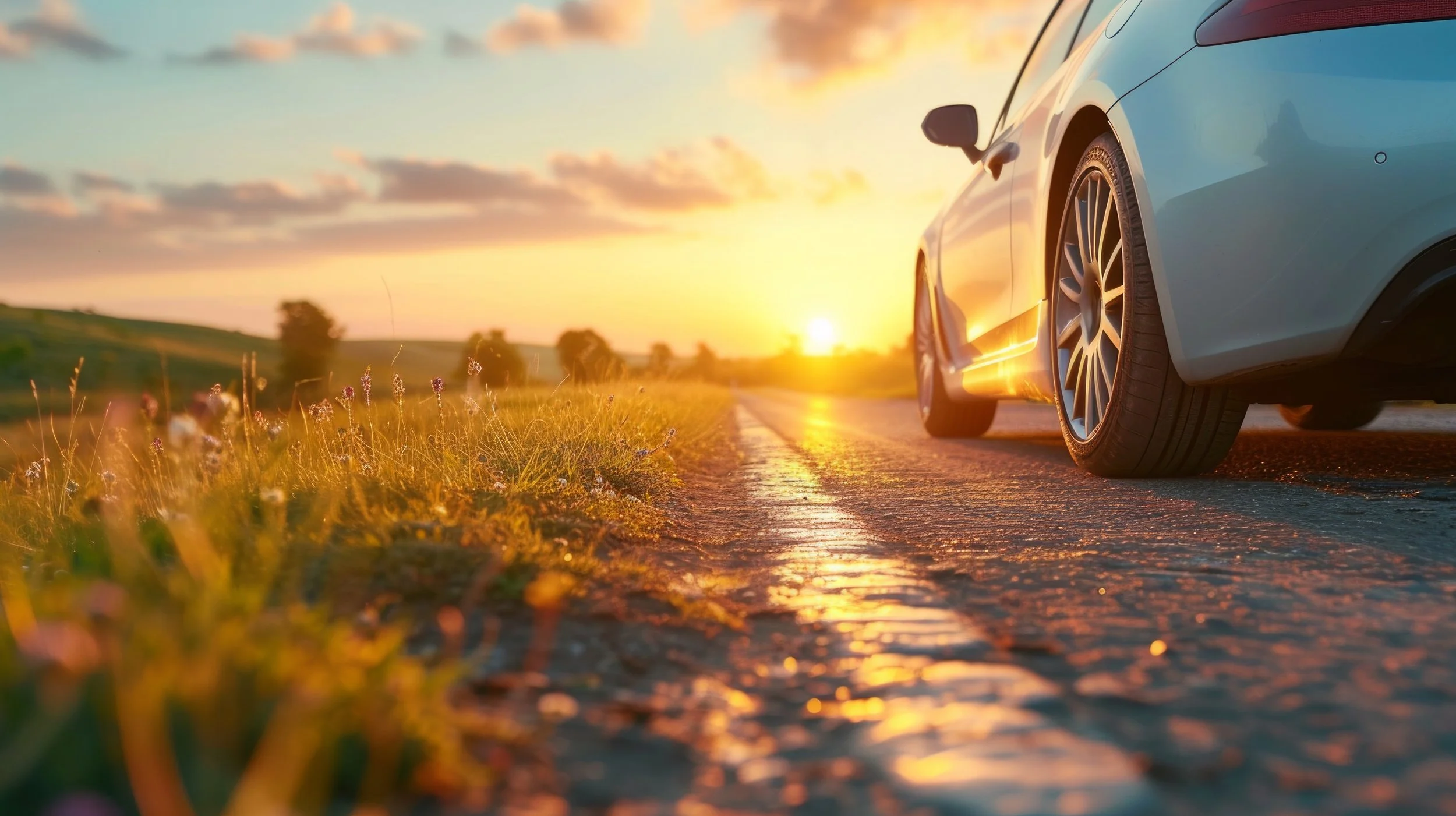 A silver car driving on a rural road during sunset with a field of grass and flowers on the side.