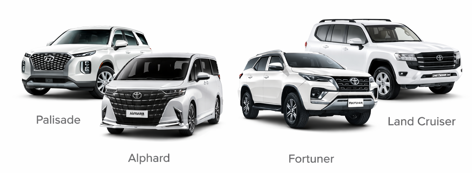 Four white SUVs parked side by side with labels: Palisade, Alphard, Fortuner, Land Cruiser.