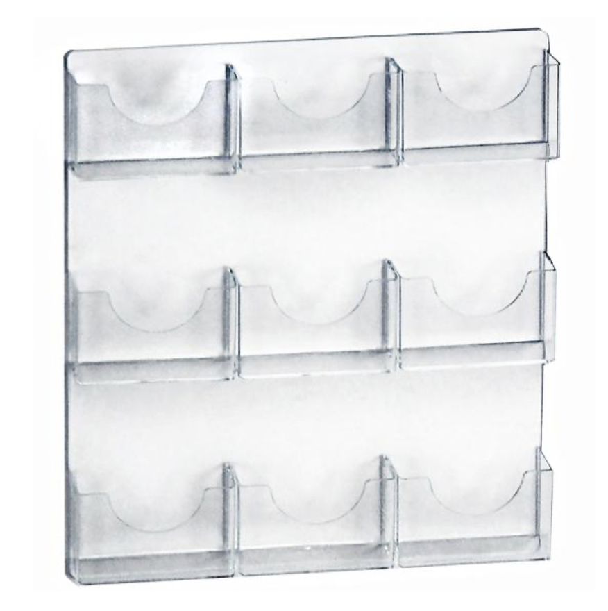 Clear plastic display rack with three rows of compartments.