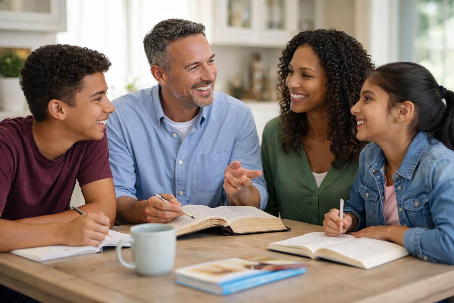 A family of four sitting at a table studying together, smiling and talking, with open books and notebooks.