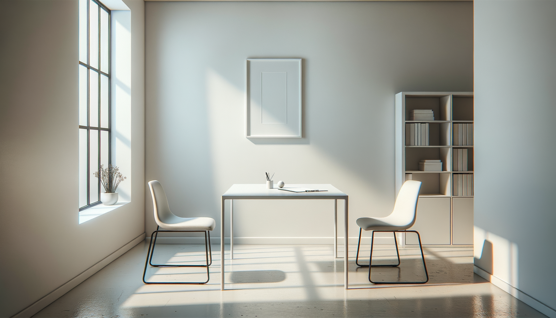 Minimalist white room with large windows, two white chairs facing each other across a small white table, a bookshelf with books, and a framed artwork on the wall, illuminated by natural sunlight.