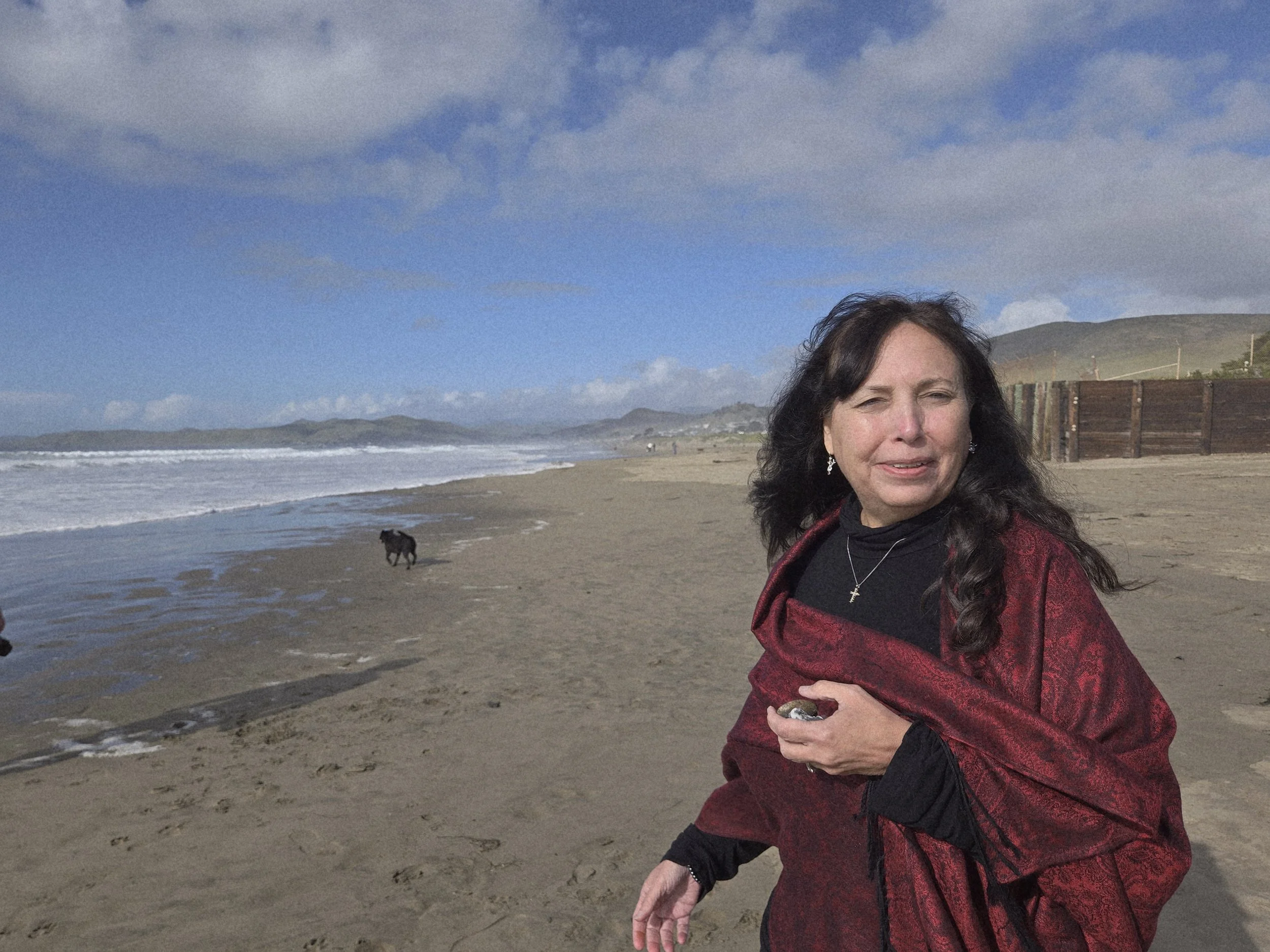 A woman wearing a red shawl and black top stands on a sandy beach, holding a small object. The beach has waves and a black dog walking along the shoreline. In the background, there are green hills and a partly cloudy blue sky.