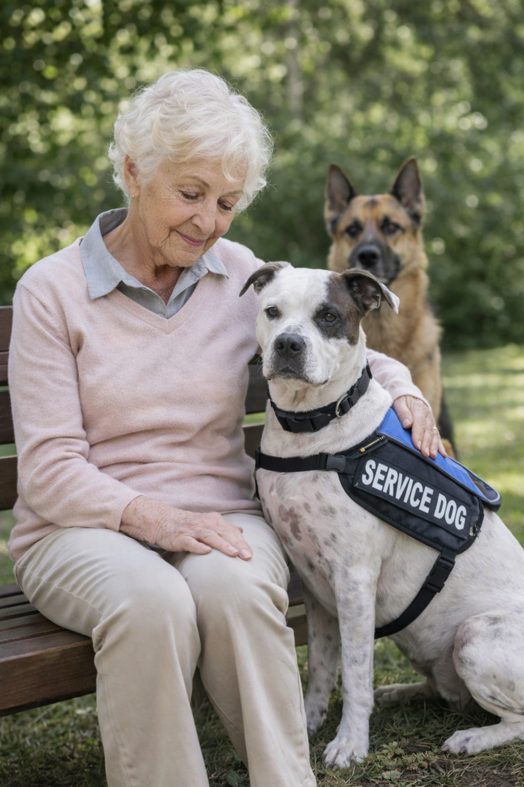 An elderly woman sitting on a park bench with a service dog and a German Shepherd in the background.