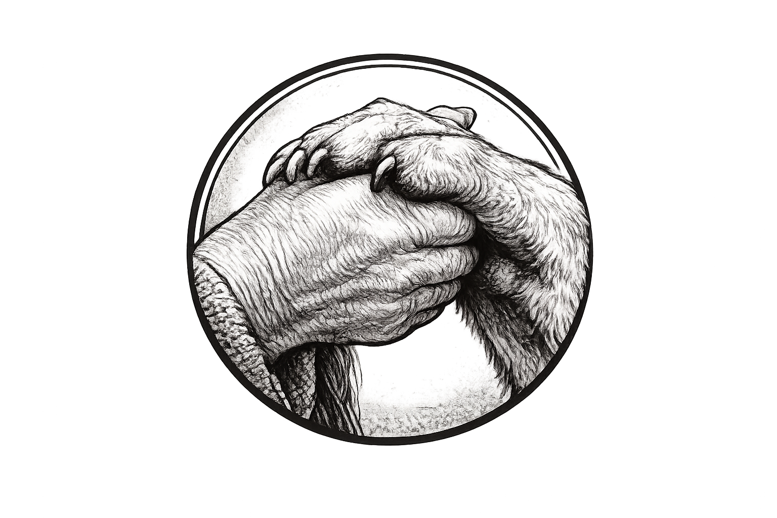 Black and white illustration of two hands gripping each other, one hand appears aged and wrinkled, the other has fur and claws, contained within an oval border.