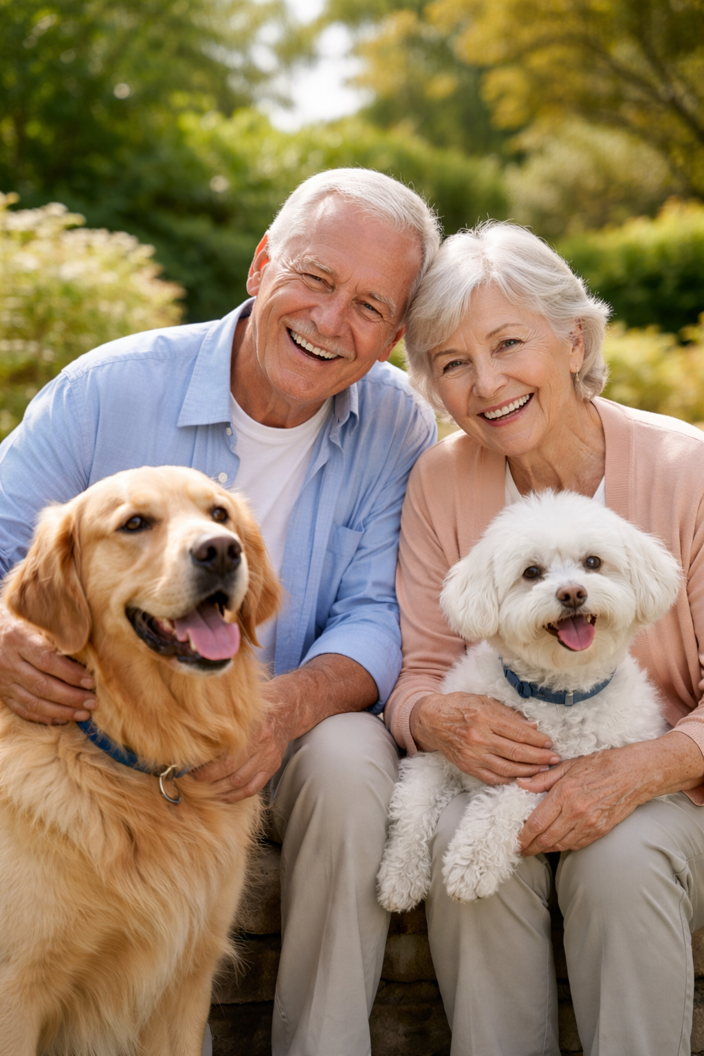 Senior couple smiling outdoors with two dogs, a Golden Retriever and a white fluffy dog, in a park with green trees and sunlight.