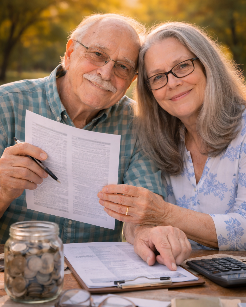 An elderly couple with glasses sitting at a table outdoors during fall, reviewing documents and holding a pen together, with a jar of coins and a calculator on the table.