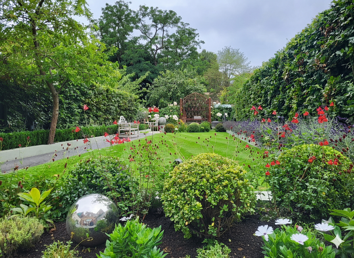 A lush, well-maintained garden with vibrant flowers, green shrubs, tall trees, and a neatly mowed lawn. There's a pathway with benches and decorative garden ornaments, with a wooden arbor in the background under a cloudy sky.