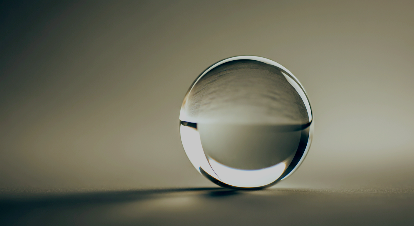 A glass marble on a neutral surface, with a view of a beach scene through the marble, creating a distorted reflection.