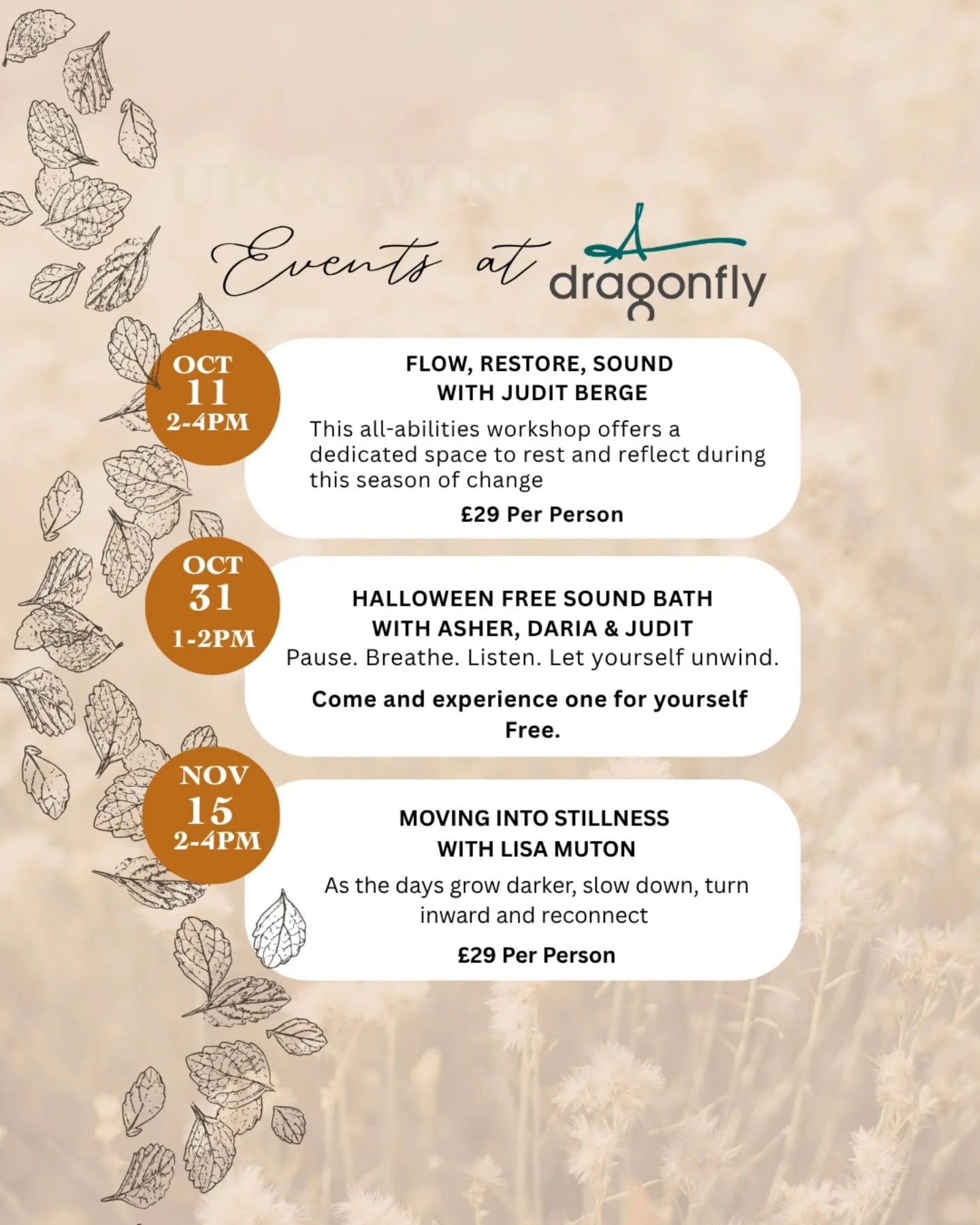 ✨ Three workshops coming up at Dragonfly Sydenham ✨

Looking for a little more time to slow down, move, breathe and reconnect? We have three wonderful workshops coming up this autumn:

🌿 11 October 2pm till 4pm &mdash; Flow, Restore &amp; Sound with