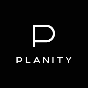 Logo avec une grande lettre P et le mot Planity en dessous sur fond noir.