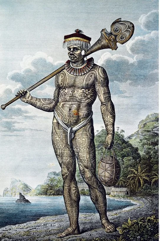 Illustration d'un homme portant des tatouage polynésien (Patutiki) issue des île marquise. il à dans sa main droite un casse-tête c'est une arme de guerrier.