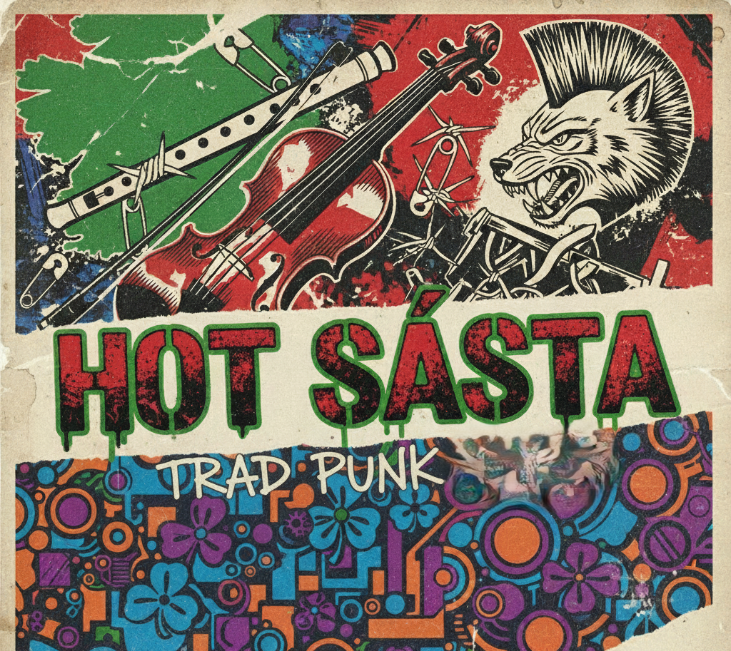 Vintage poster featuring a wolf with a mohawk and a fierce expression, alongside a violin, musical notes, and abstract colorful patterns with the text 'HOT SÁSTA' and 'TRAD PUNK'.