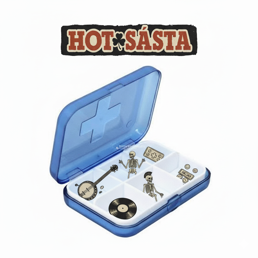 Open blue plastic box with skeleton stickers, a vinyl record sticker, a guitar sticker, a video game controller sticker, and small circular stickers inside. "HOT SÁSTA" sign at the top.