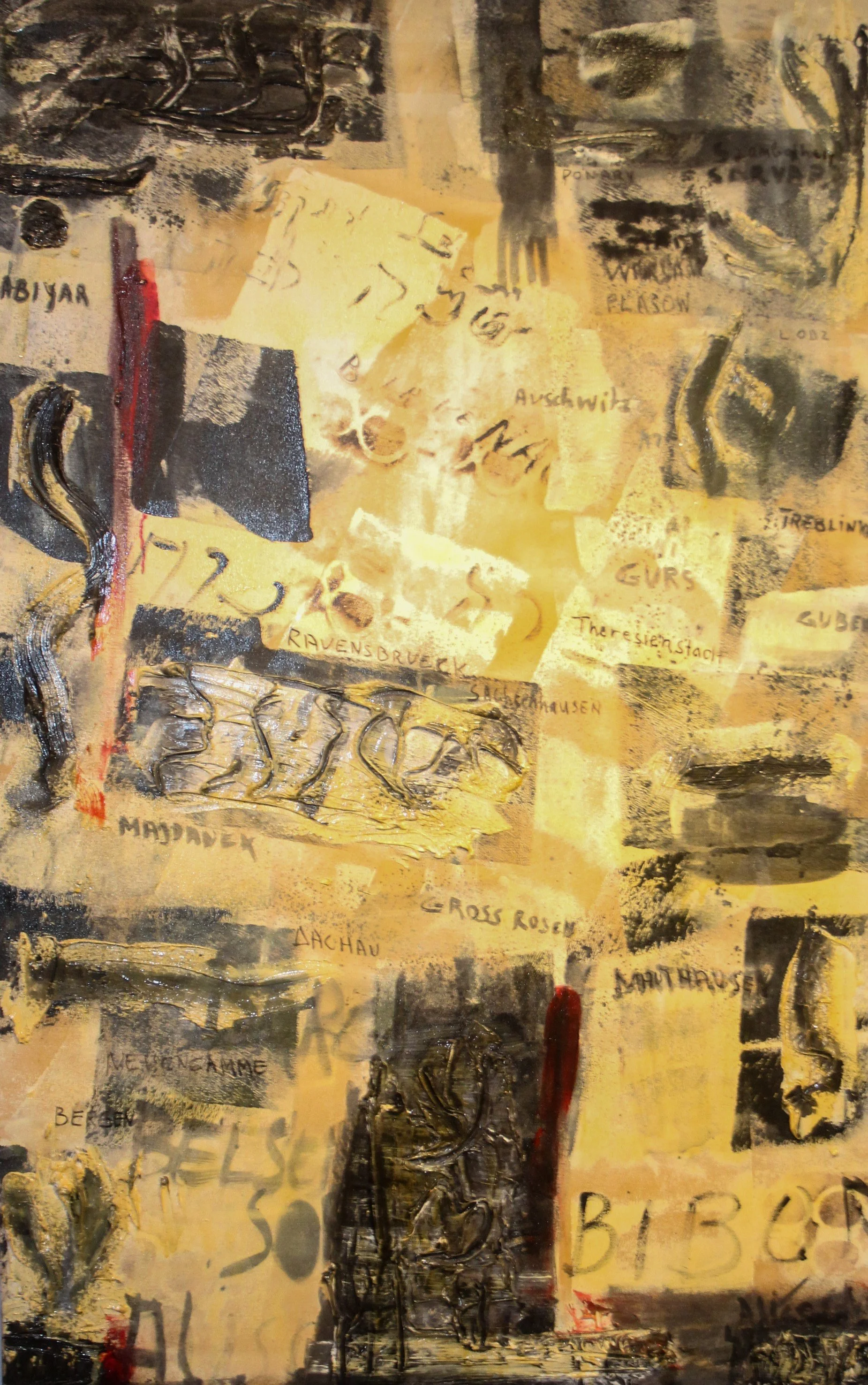 Mixed media artwork with city names and abstract textures in shades of yellow, black, and gray.
