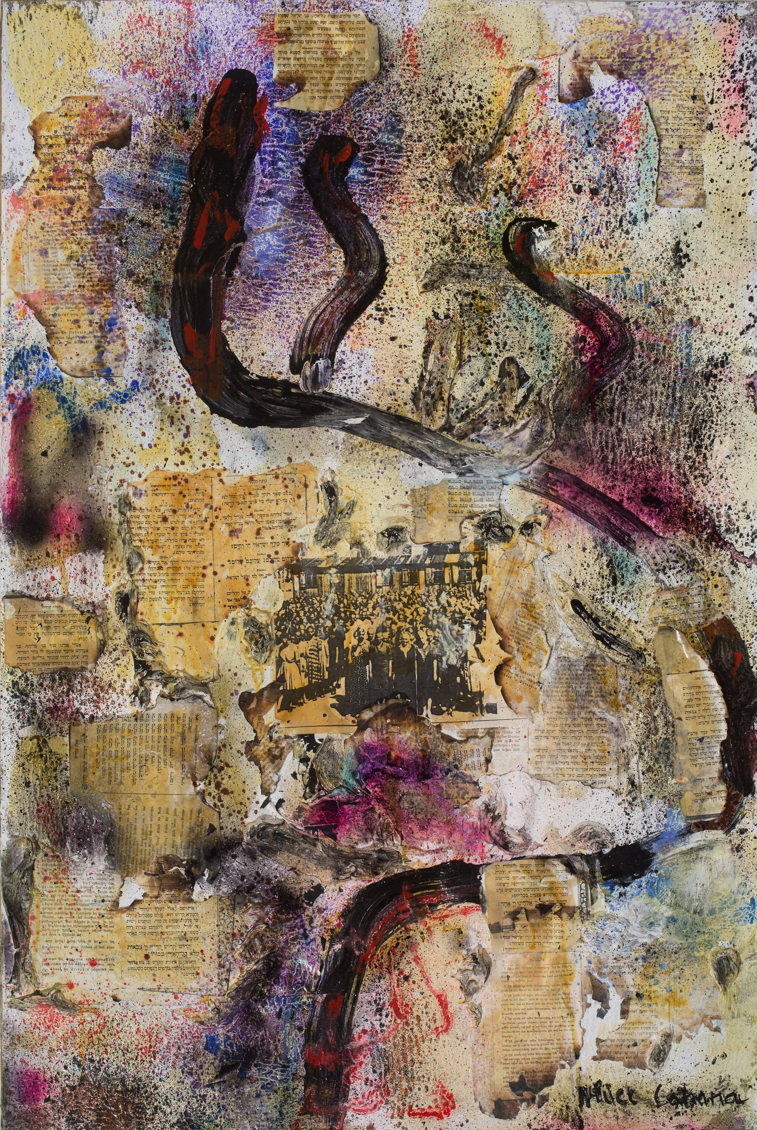 An abstract mixed media collage featuring torn book pages, vibrant splashes of paint in various colors, and black swirling lines.