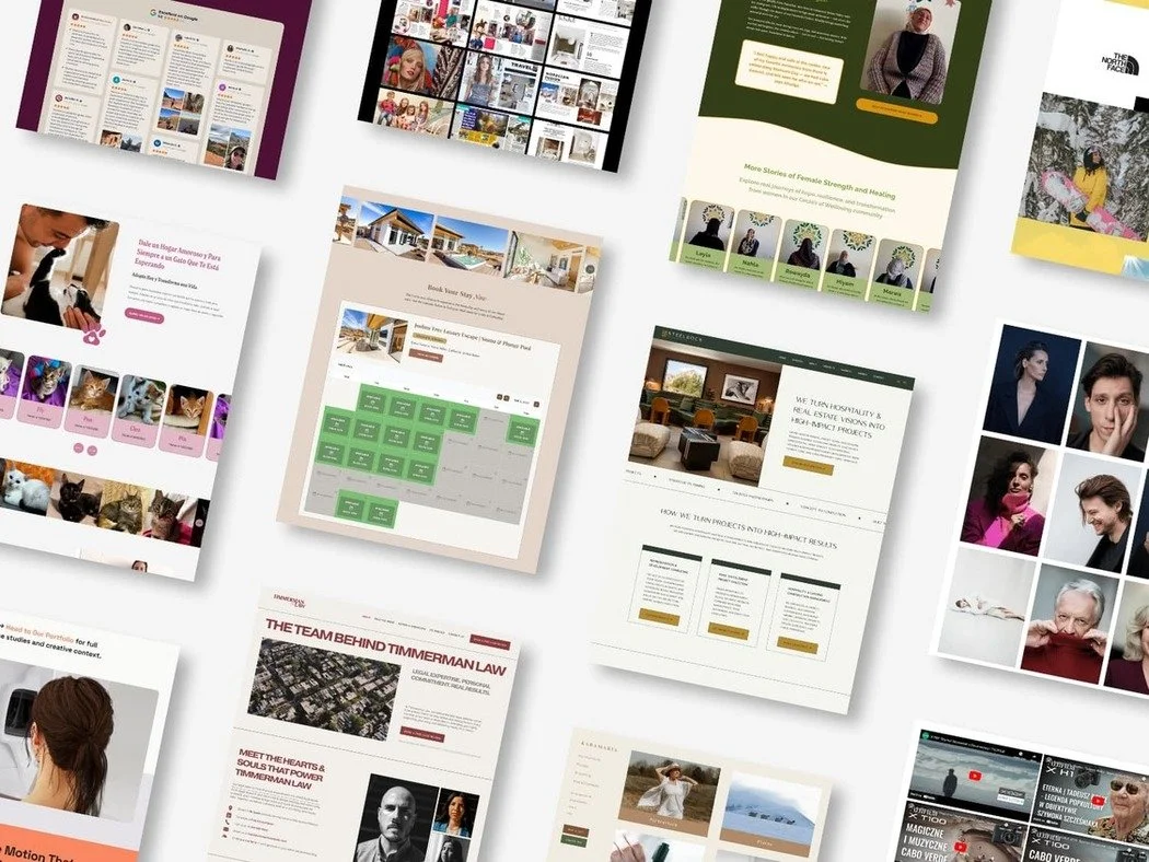 A collage of various Squarespace website designs designed by an expert Squarespace web designer