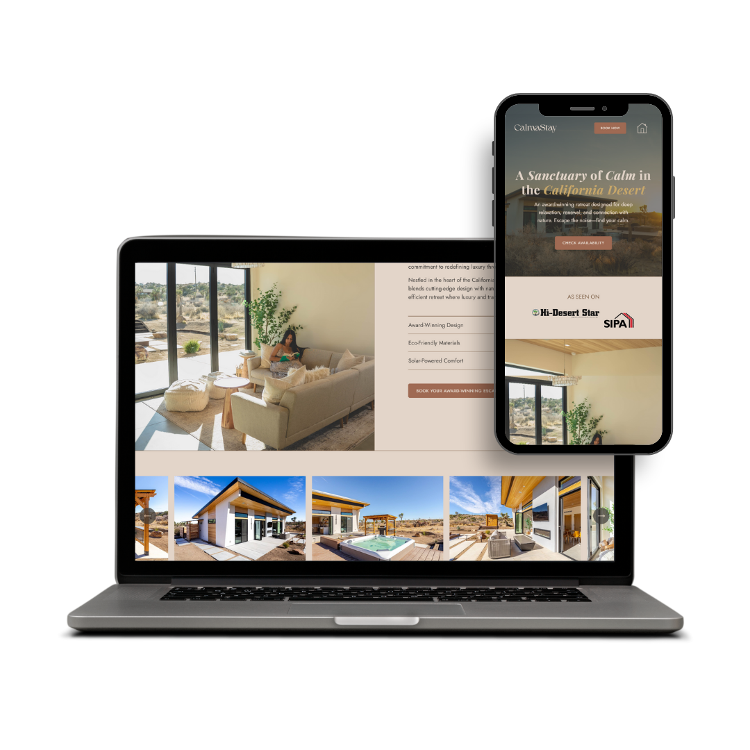 Custom Squarespace website for CalmaStay, a luxury Yucca Valley AirBnB retreat showcasing tranquility, desert landscapes, panoramic views, private sauna, hot tub, and sustainable design for a serene booking experience.