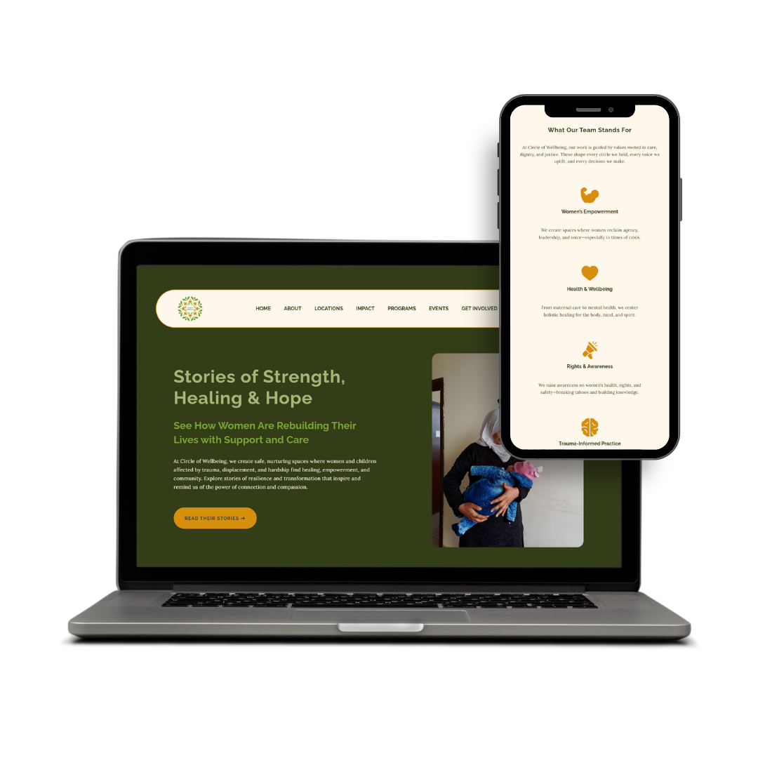Custom Squarespace website for Circle of Wellbeing, a feminist trauma-informed NGO in Lebanon’s Bekaa Valley, featuring mental health, education, and emergency aid programs and connecting supporters to empower women and children.