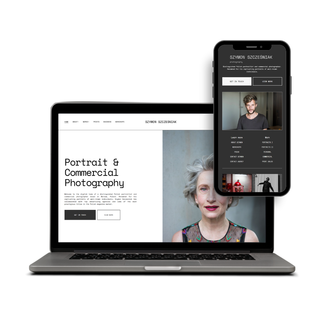 Bold and elegant Squarespace website for a leading Polish portrait and commercial photographer featuring curated portfolio galleries, press highlights, and seamless booking tools to showcase artistic excellence and professional prestige.