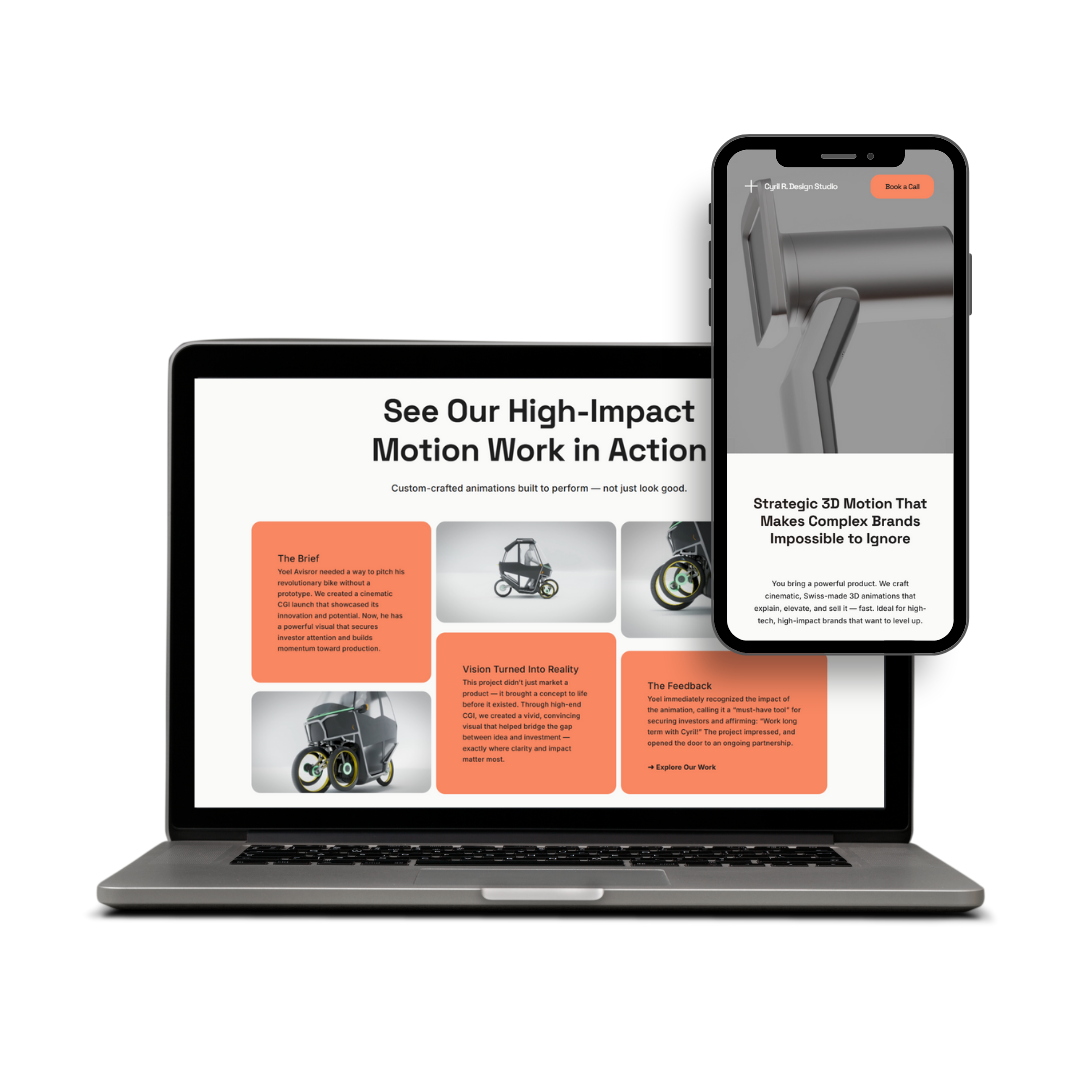 Custom Squarespace website for Cyril R. Design Studio showcasing strategic 3D motion design for high-tech brands, featuring bold visuals, case studies, and a refined creative process with a premium Swiss aesthetic.