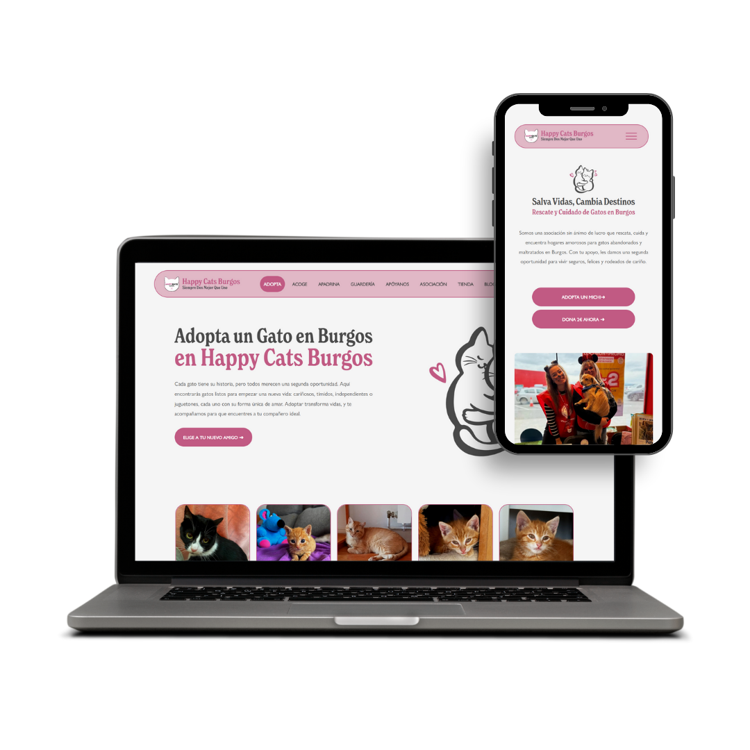 Custom Squarespace website for Happy Cats Burgos, supporting abandoned cat rescue and adoption with clear navigation, foster programs, donation options, and inspiring success stories to encourage community support.