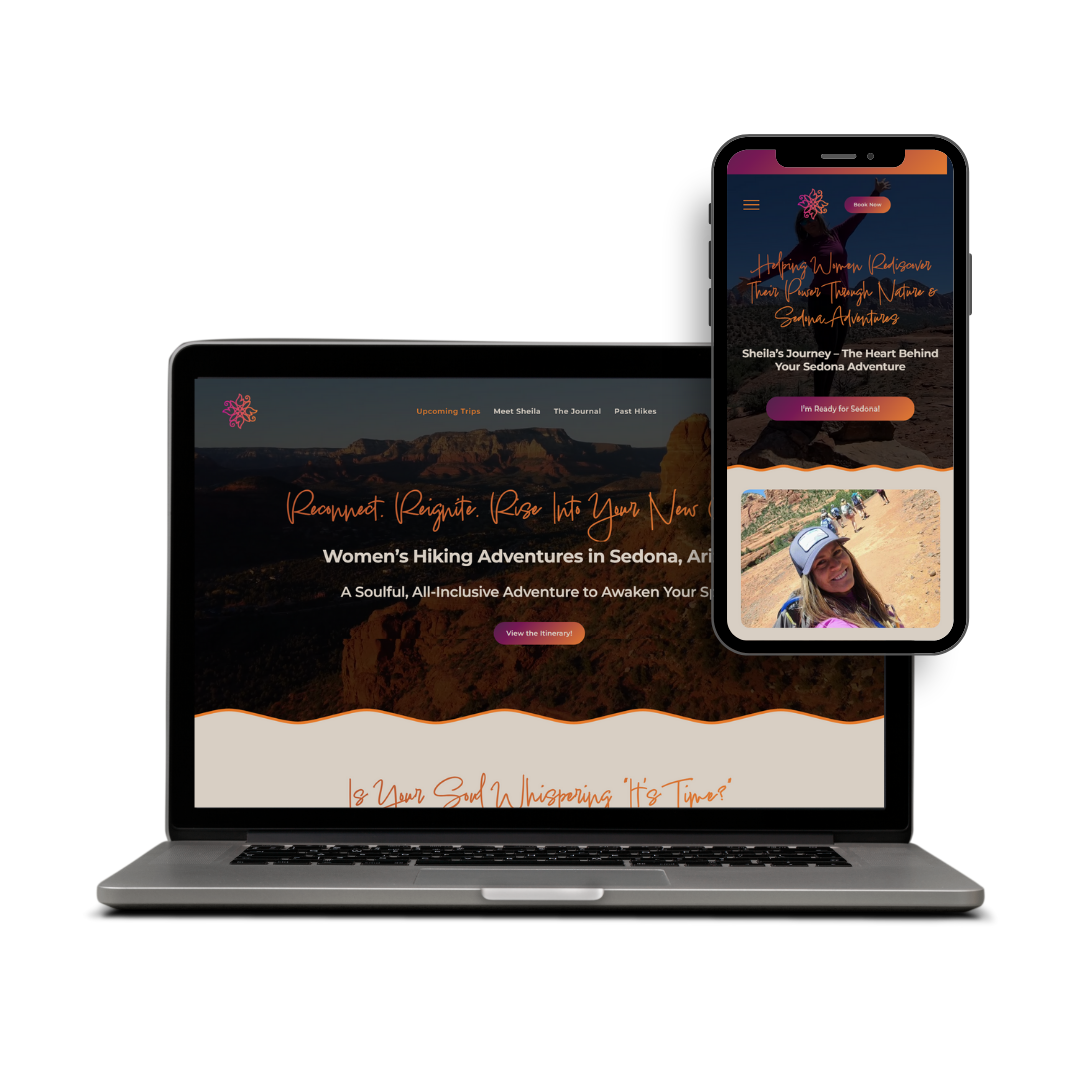 Custom Squarespace website for And Then She Did featuring women’s hiking adventures in Sedona, warm visuals, clear calls to action, detailed itineraries, easy booking, and a community-focused design promoting empowerment.