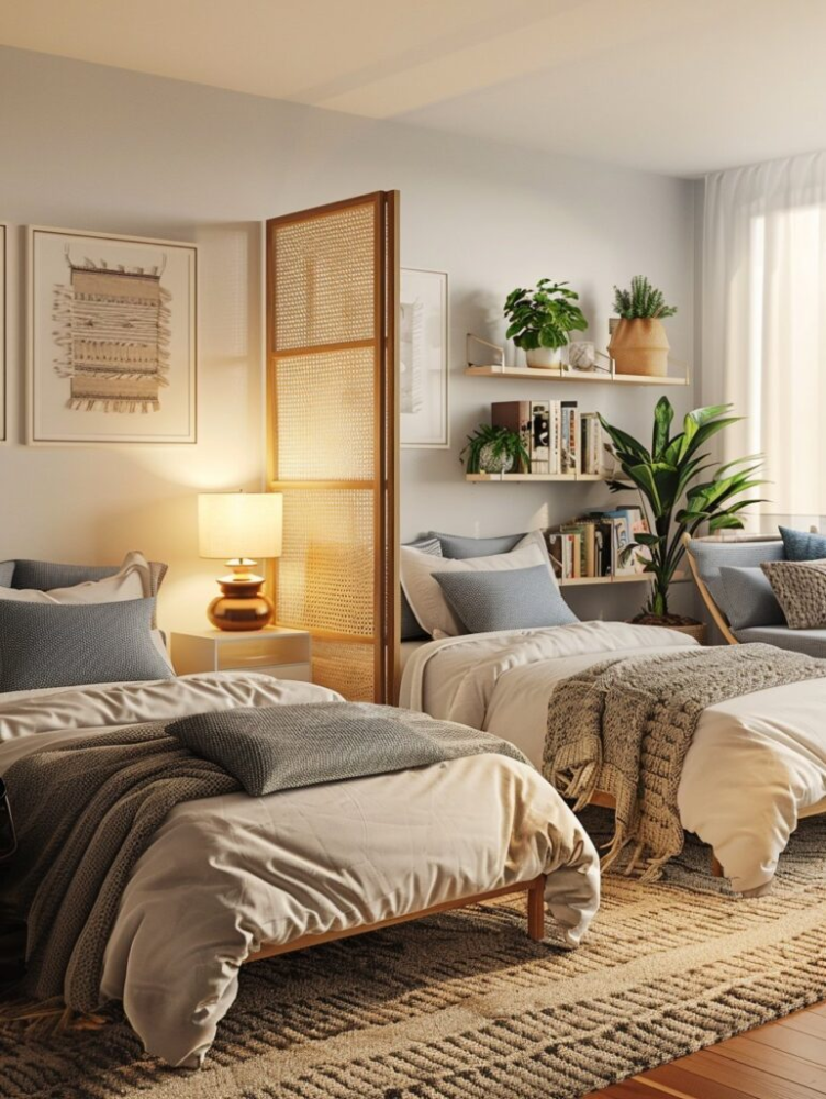 A cozy bedroom with two beds separated by a woven room divider, featuring neutral bedding and pillows in various shades of gray. There is a bedside table with a lamp, wall art, plants, and floating shelves filled with books in the background, along with a large window with white curtains letting in natural light.