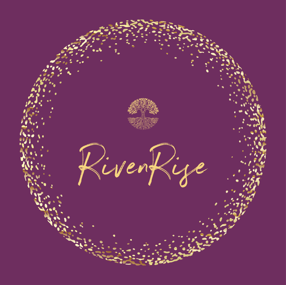 A purple background with a gold circular dotted border. In the center, there is a gold tree graphic and the words 'RivenRize' written in a gold handwritten font.