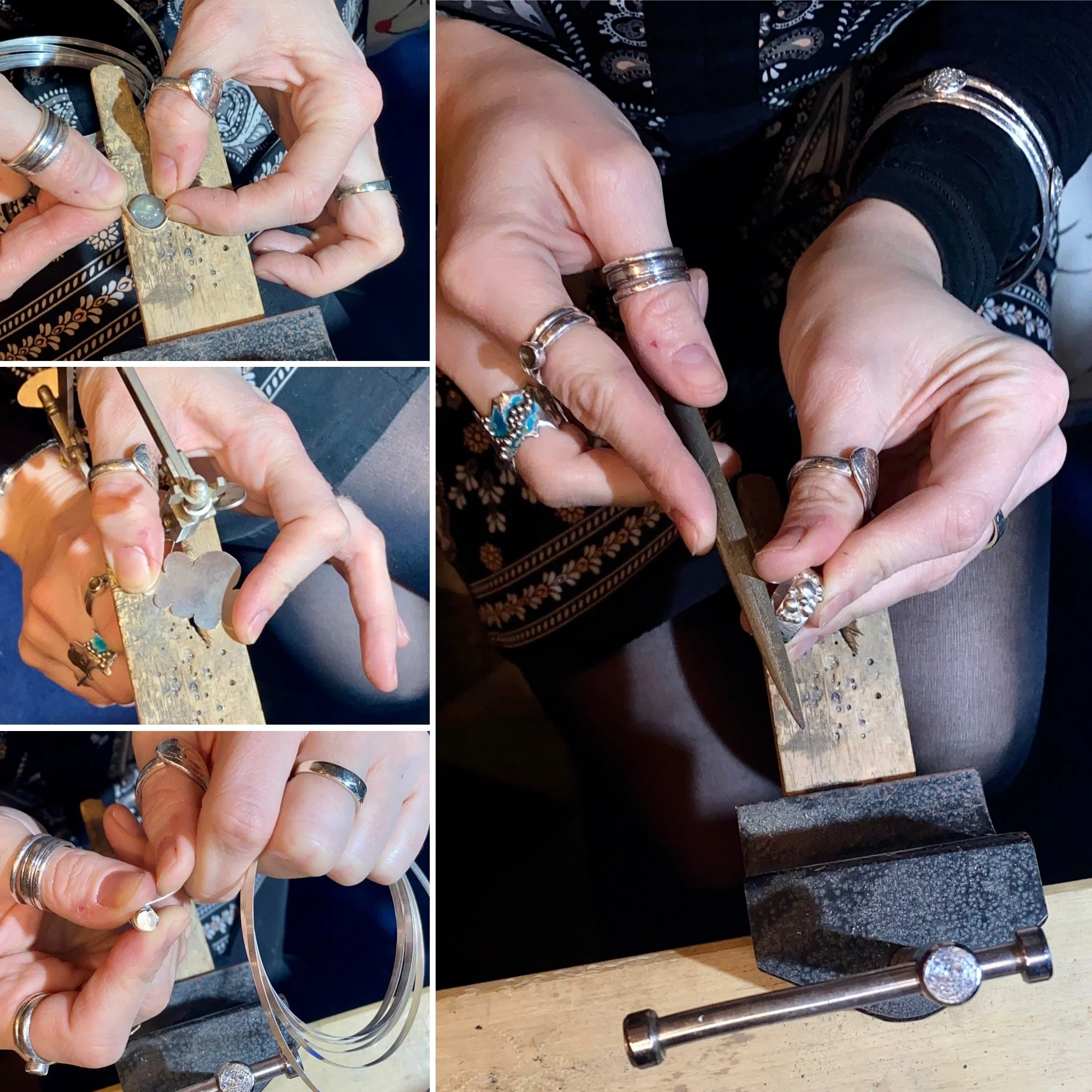 Close-up of hands working with jewelry tools, holding rings and a bracelet, surrounded by jewelry pieces such as rings, bracelets, and decorative items on a worktable.