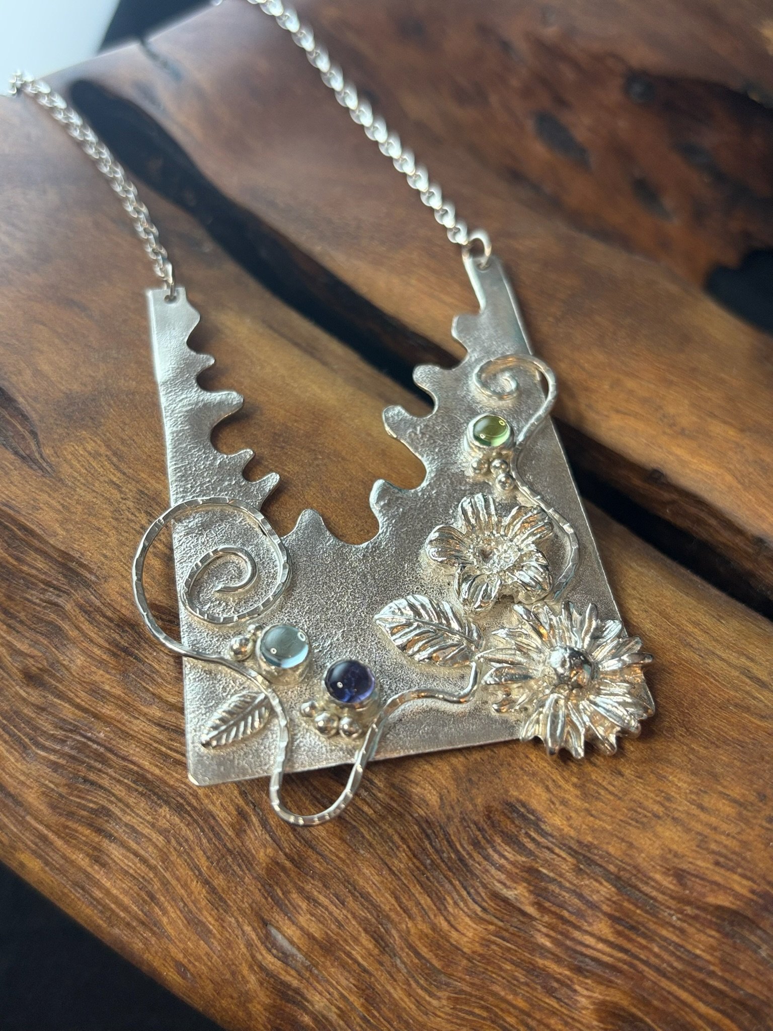 Botanical Aster & Cherry Blossom Neclace with Topaz, Iolite & Peridot