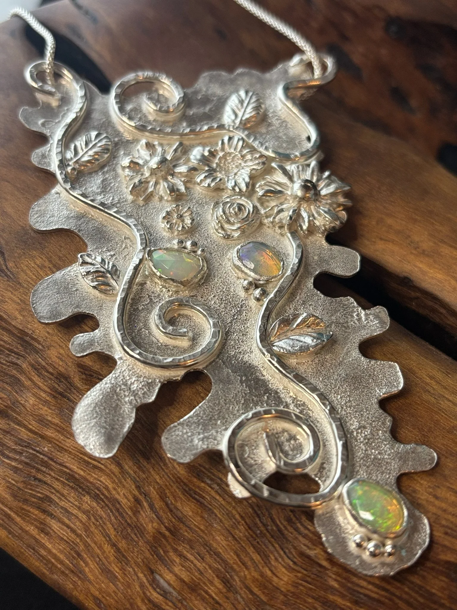 Botanical Sterling Silver Floral Necklace with Opals