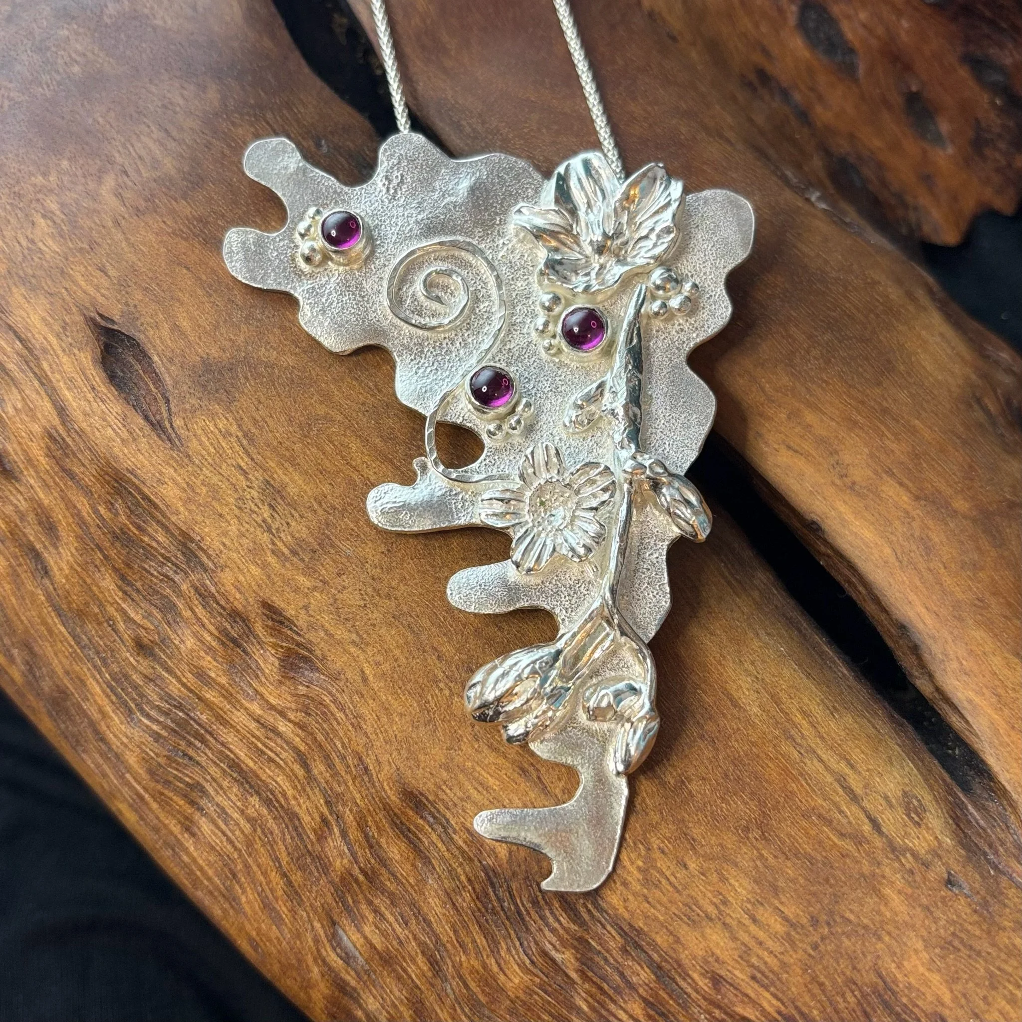 Botanical Sterling Silver Floral Necklace - Cherry Blossom & Rhodolite Garnets