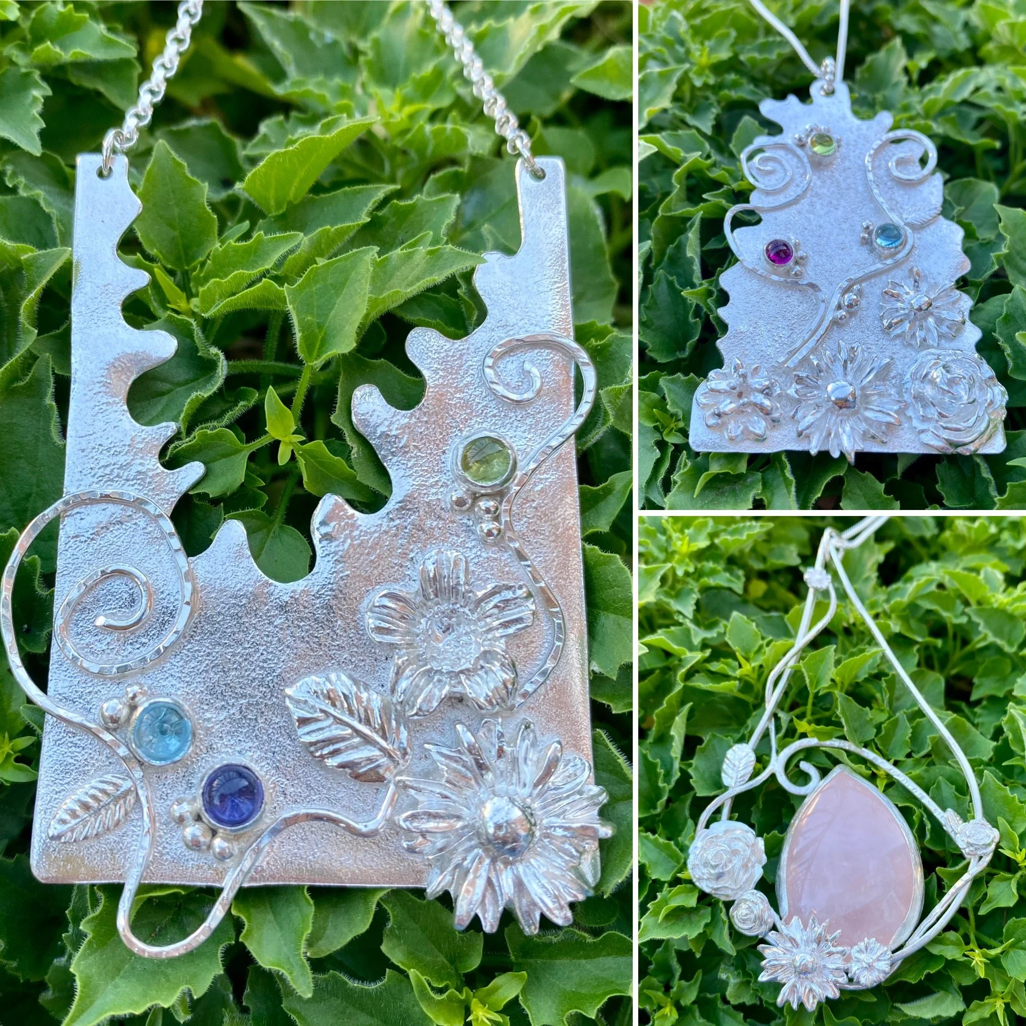Close-up of a silver keychain with festive Christmas symbols, including a Christmas tree, snowflakes, and a flower, hanging on green leafy background.