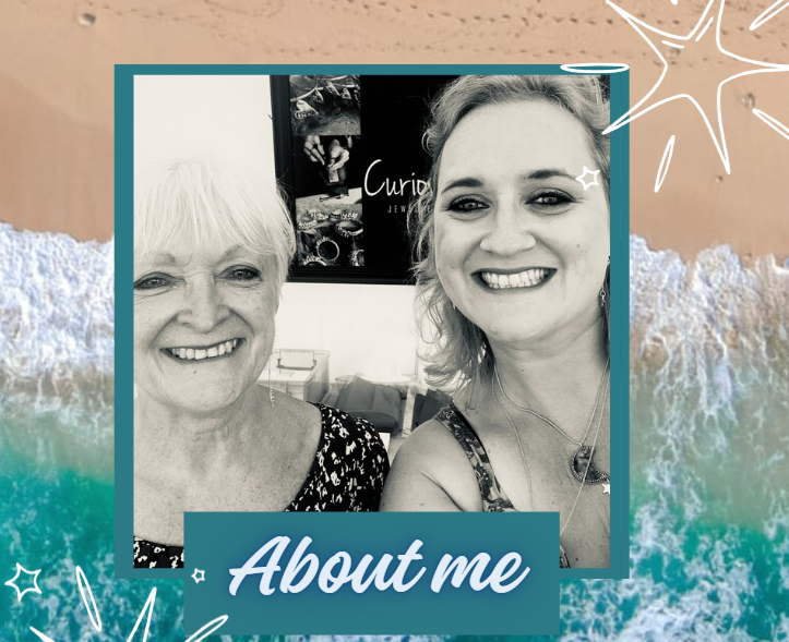 A beach-themed Instagram story highlight cover featuring a black-and-white photo of two women smiling, with a blue banner that says 'About me' and decorative starfish and waves in the background.