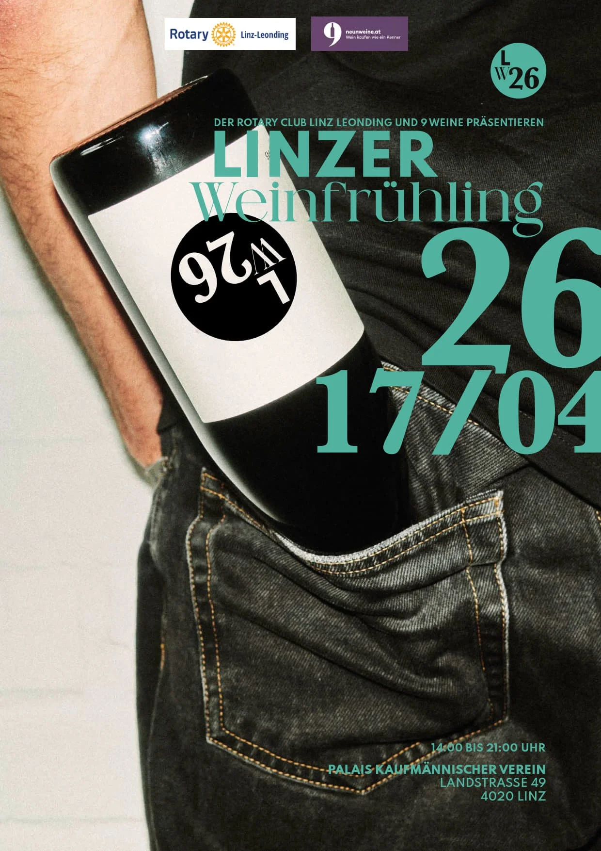 Poster für ein Weinveranstaltung namens "Linzer Weinfrühling" mit Datum 26.04.2023, präsentiert vom Rotary Club Linz-Leonding und neun Weine. Veranstaltungsort ist Palais Kaufmännischer Verein in Linz, Österreich, von 14:00 bis 21:00 Uhr.