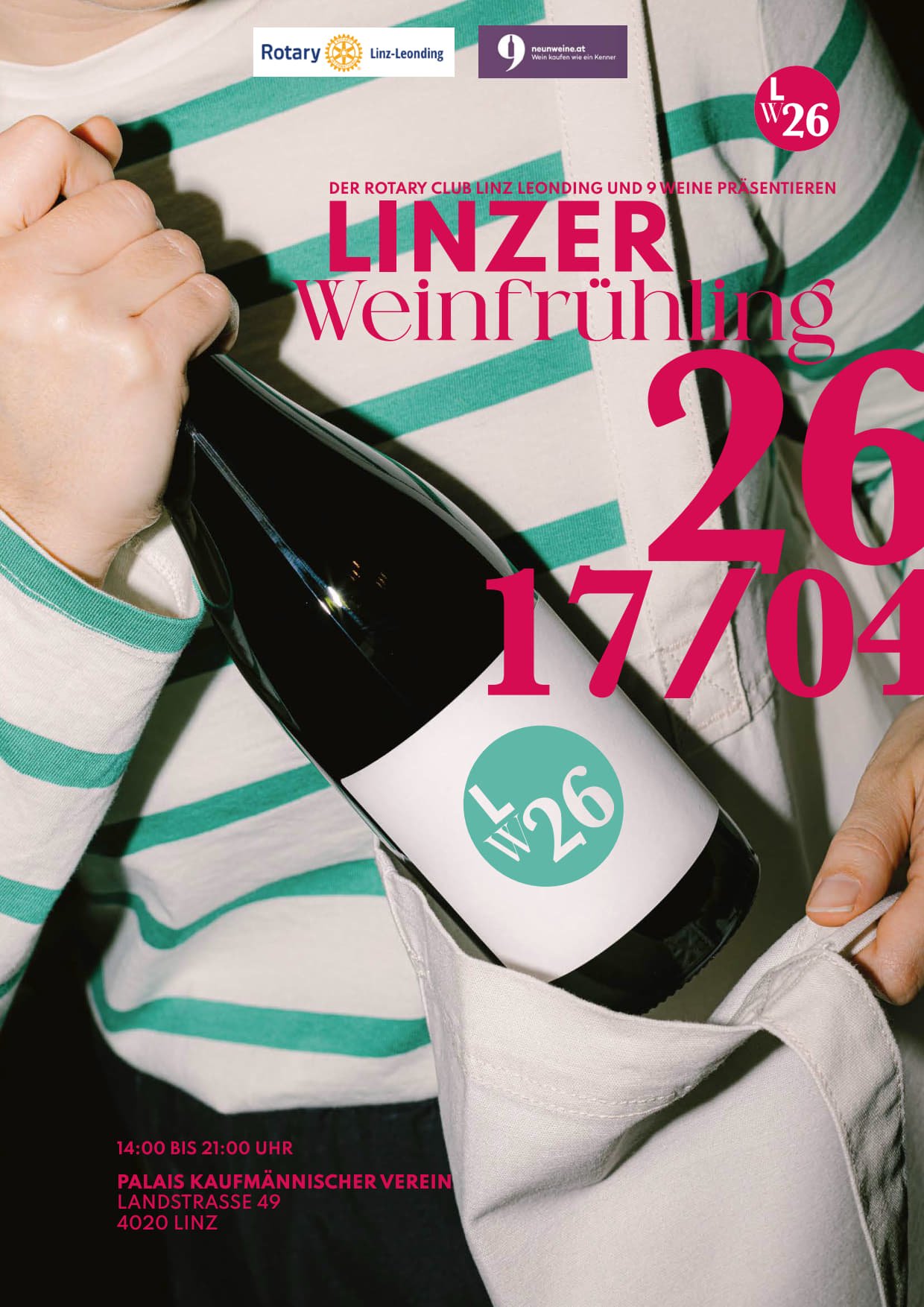 A person holding a wine bottle with a label that reads 'L16N' and 'LV 26' in a pocket of a white jacket. The background features a striped shirt with green and white stripes. The image advertises a wine event called 'Linzer Weinfrühling' on April 26, 2017, at Palais Kaufmännischer Verein in Linz, with the logos of Rotary and nine wines.
