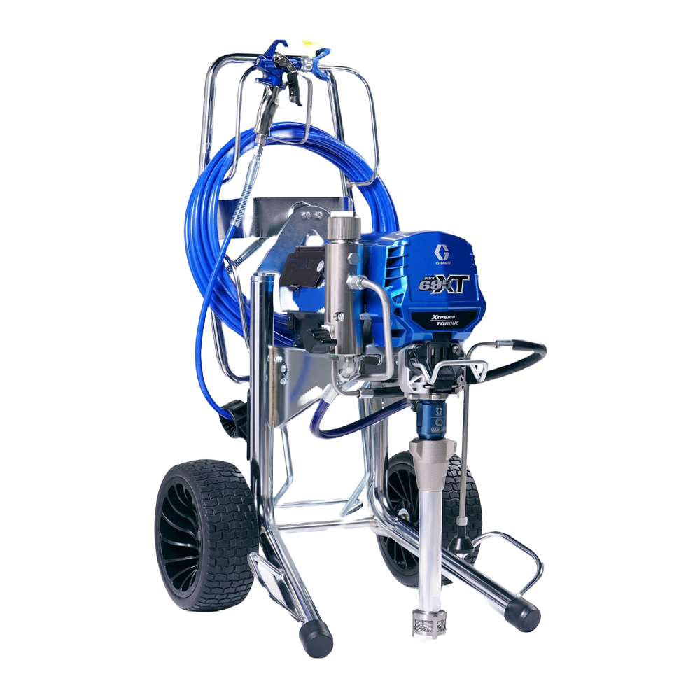 A blue industrial power tool mounted on a metal cart with wheels, featuring a hose and various attachments.