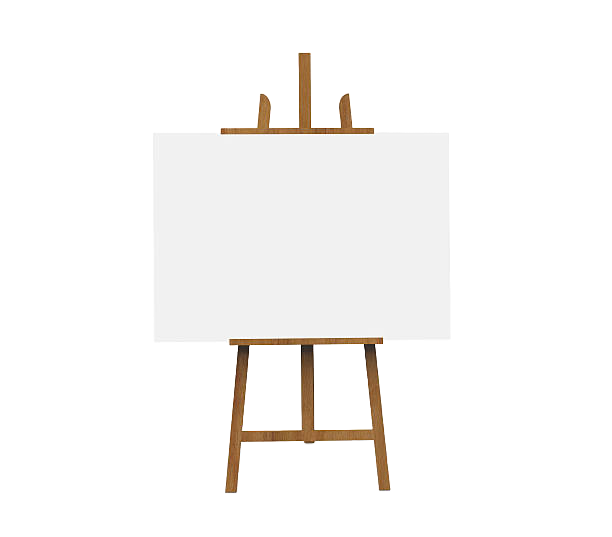Empty wooden artist's easel with blank white canvas against a black background.