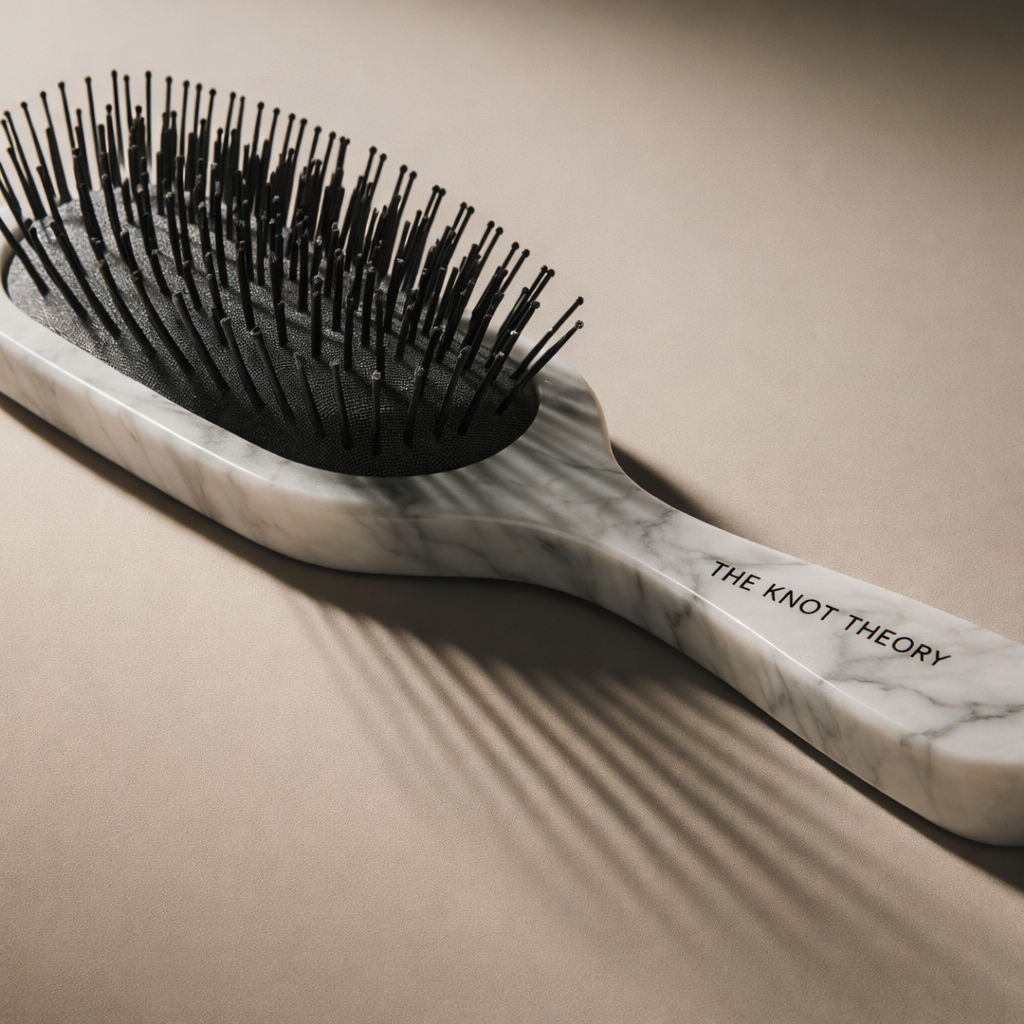 A hairbrush with a marble handle labeled "The Knot Theory" on a beige surface, casting a shadow.