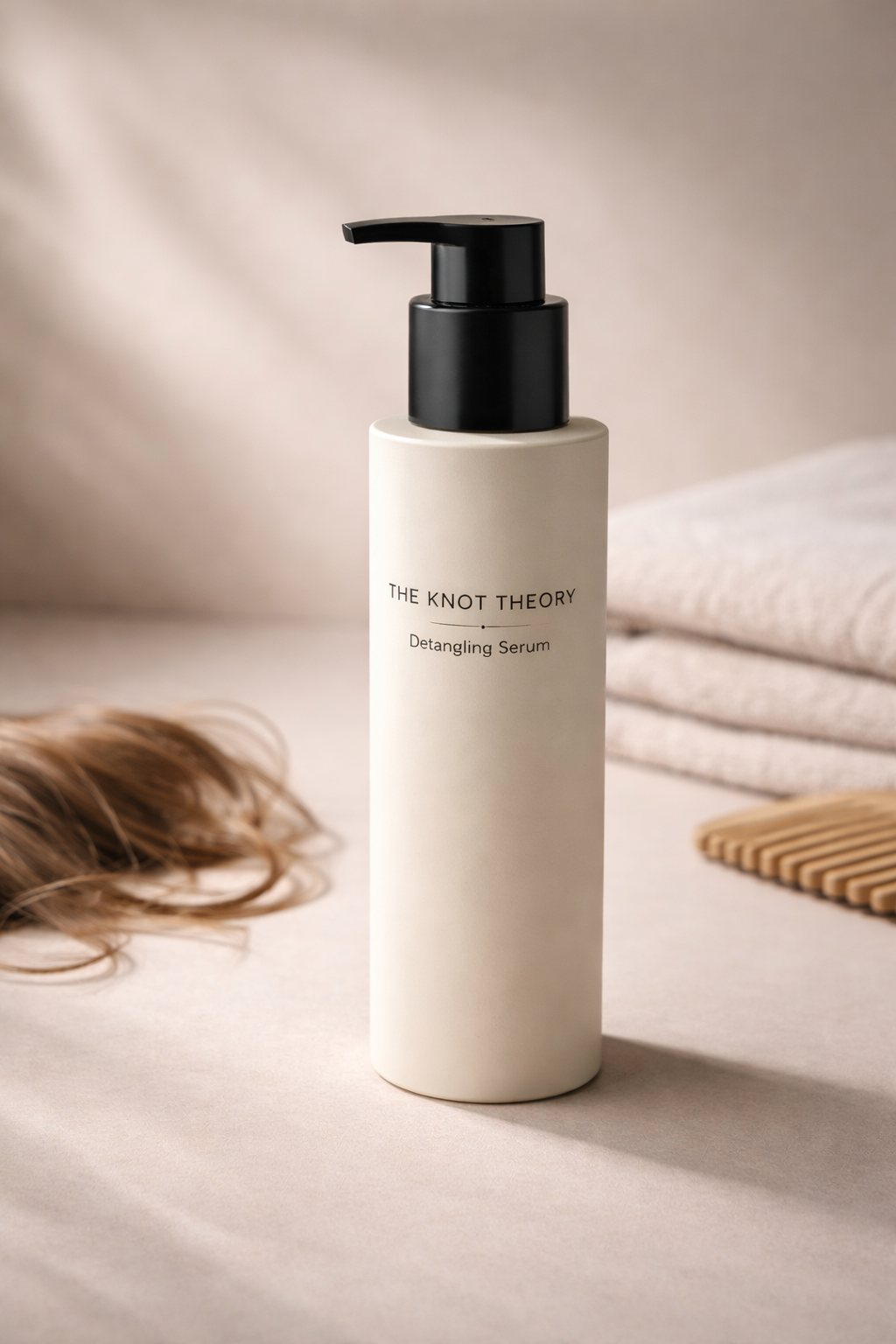 A bottle of The Knot Theory Detangling Serum on a beige surface with a rolled towel, a wooden comb, and a section of hair, set against a soft background.